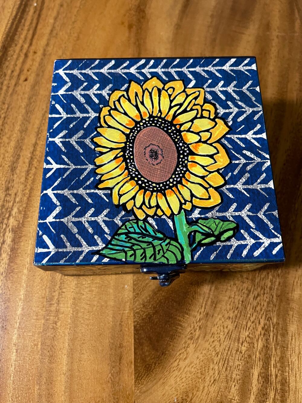 Handpainted Decorative Sunflower Metal Box Original Art Garden Jewelry  6"x6"x3"